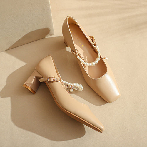 Femme Elegante Chunky-hæls-Mary-Jane-sko med perle-detalje Stilla