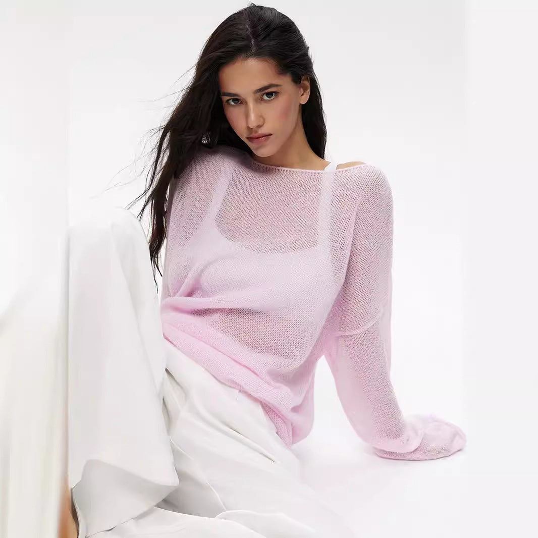Damer casual sweater med brede ærmer og fint huller strik design Stilla