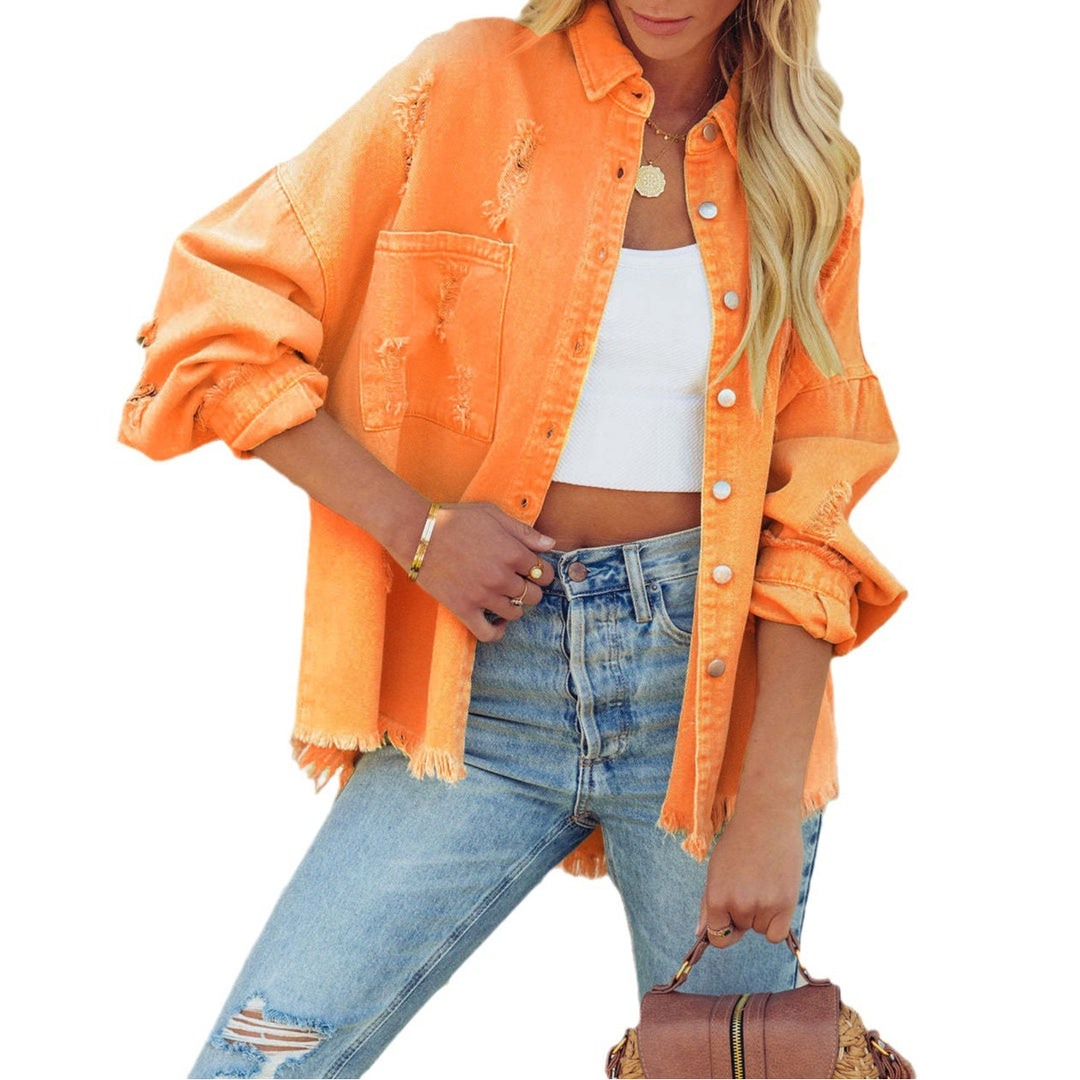 Dame Oversized Jeansjakke med distressed detaljer og lommer Stilla