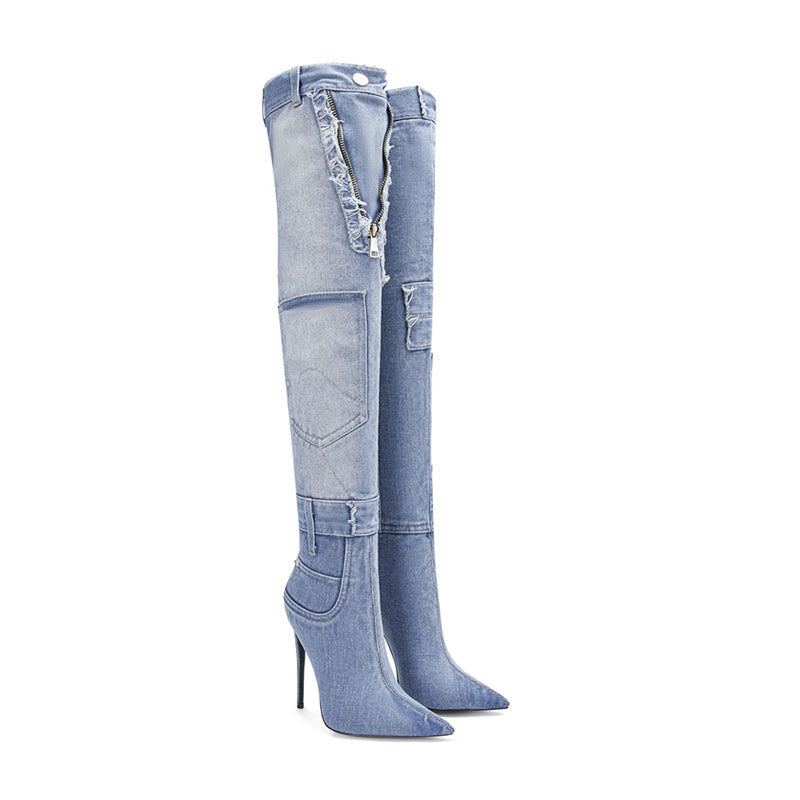 Femme Overknee-Denim-Stiletto-Støvler med distressed Detalje Stilla