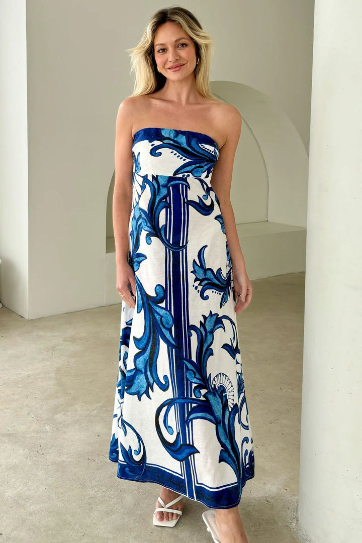Kvindernes Bandeau Maxi Kjole med Elegant Blomstertryk og Flowsk Skæring
