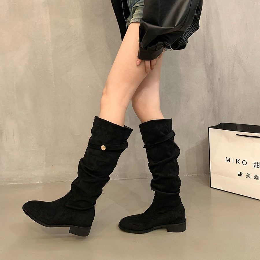 Femme Slouchy Suede Knælange Støvler med Dekorativ Knap Stilla