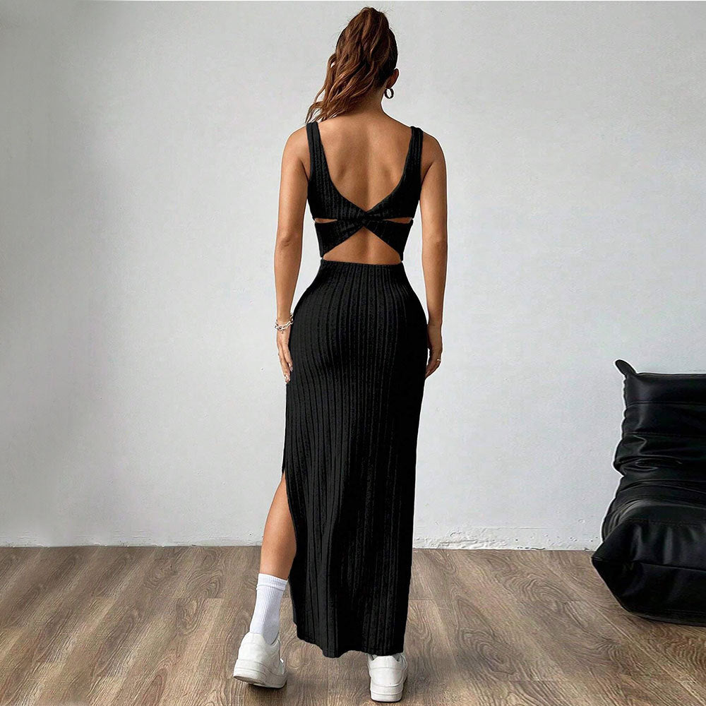Damerne maxi kjole med elegant rib mønster og sidesk slit Stilla