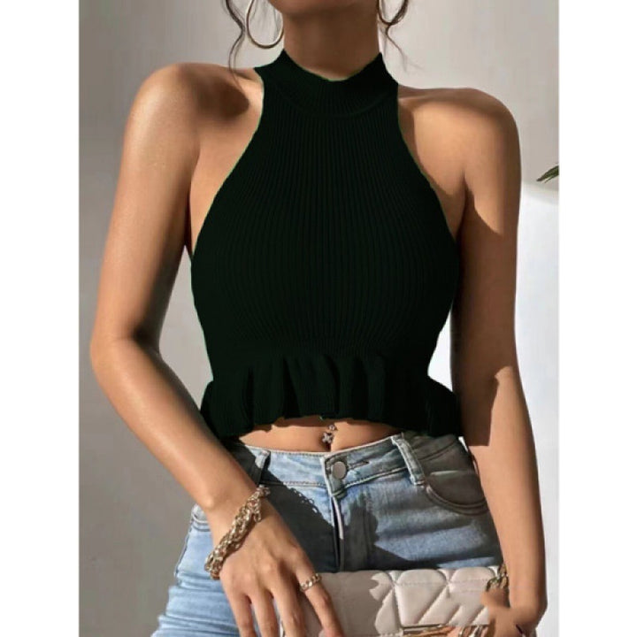 Kvindernes ribbet crop top med flæse detalje Stilla