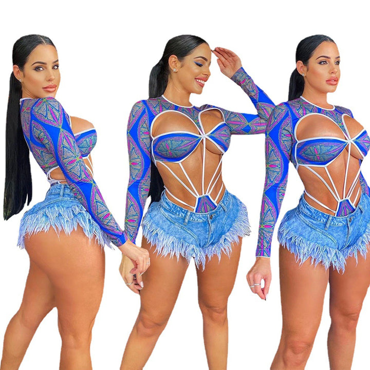 Dame Cut-Out Bodysuit og Fransen Shorts Sæt Stilla