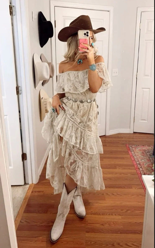 Kvindernes Boho Flæse Kjole med Off-Shoulder Design og Flydende Stof