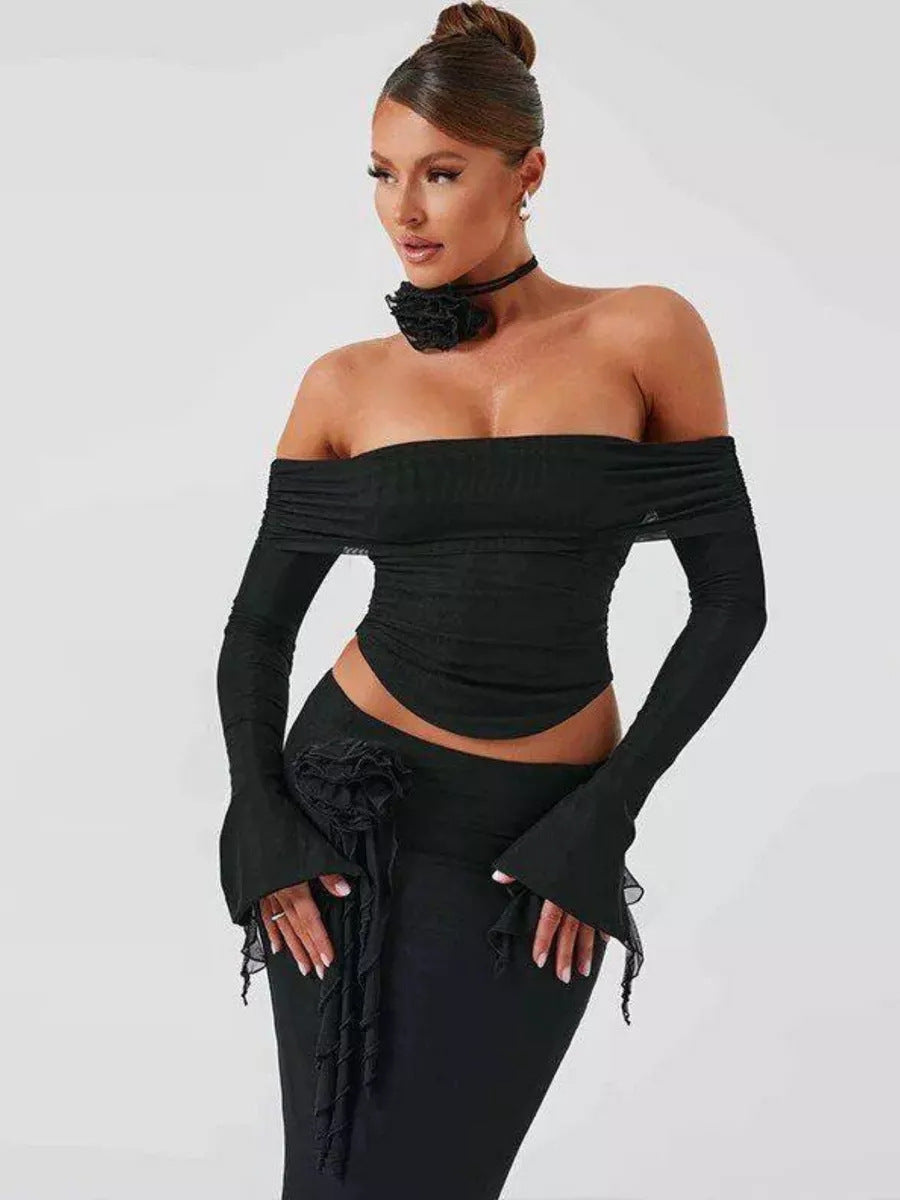 Dame Elegant Off-Shoulder Sæt med dekorerede ærmer og feminint detalje Stilla