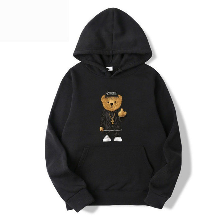 Kvinders hoodie med kunstnerisk bjørnedesign og kængurulomme Skovae