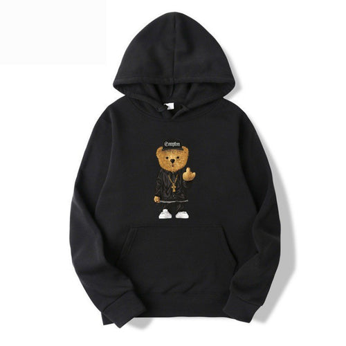 Kvinders hoodie med kunstnerisk bjørnedesign og kængurulomme Skovae