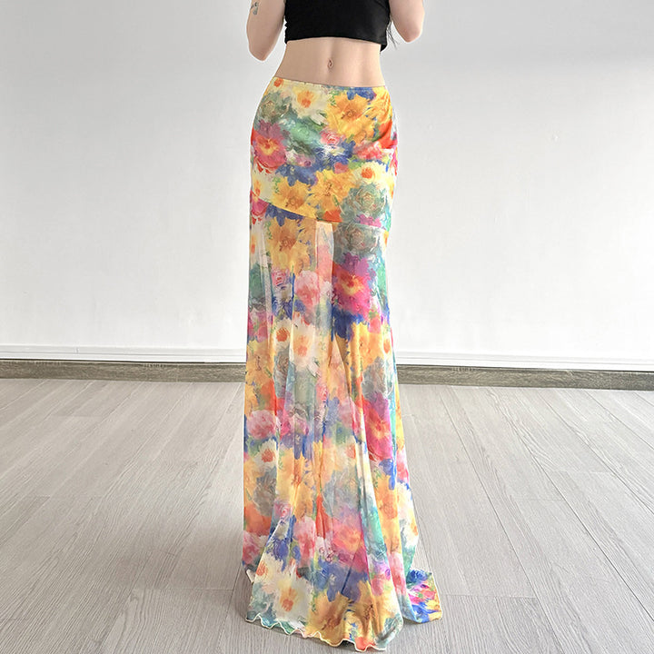 Dame Maxi-nederdel med floralt chiffon-design og svajende kant Skovae