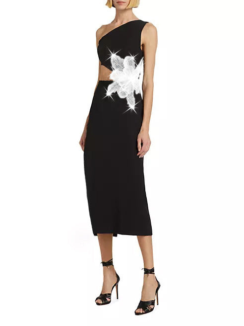 Dame Asymmetrisk Midi-Kjole med floral Applikation Stilla