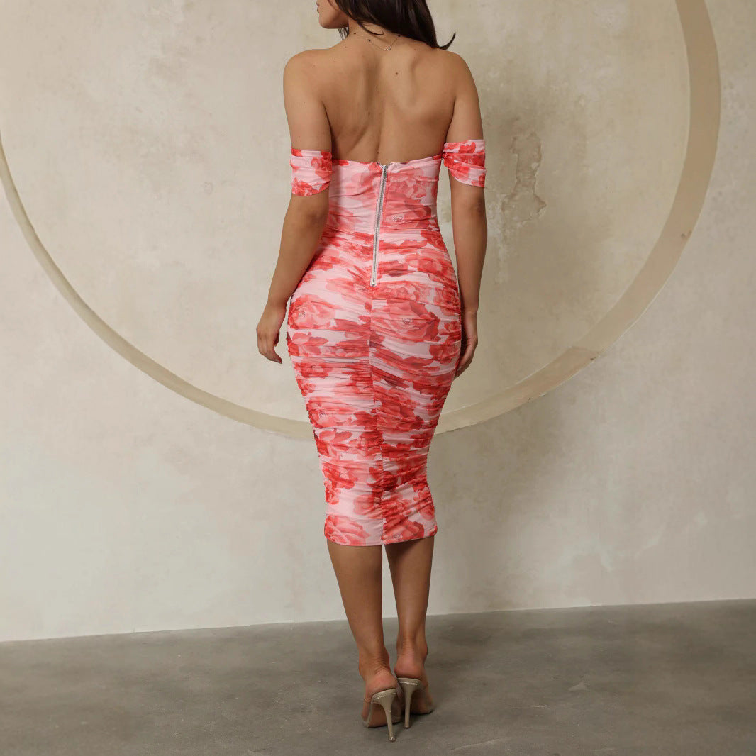 Kvinders Body-Con Midi Kjole med Off-Shoulder Design og Blomsterprint