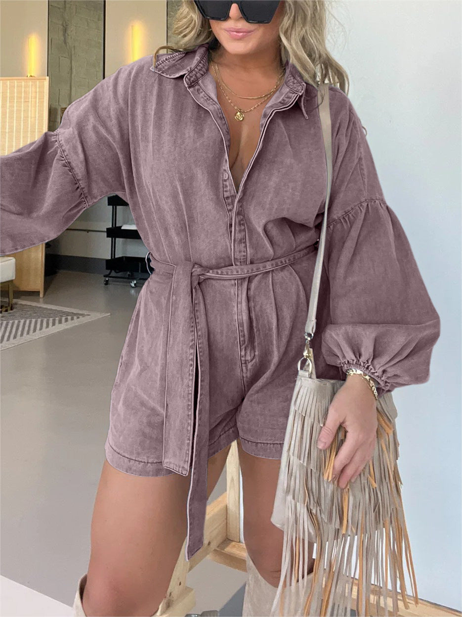 Dame denim jumpsuit med løs pasform og elegante pufærmer Stilla