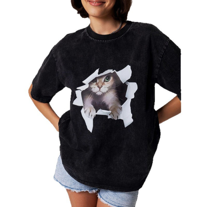 Dame T-shirt med kreativ kattemotiv og struktureret bomulds kvalitet Stilla