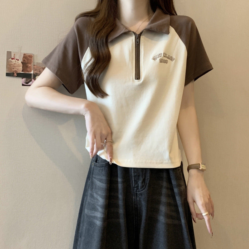 Dame Zip-Up Polo Tee med kontrastærmer Stilla
