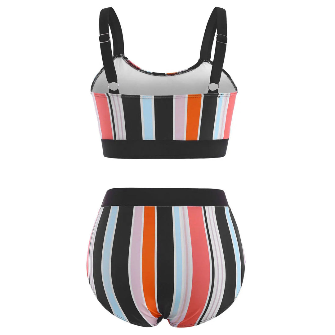 Dame Farverig Stribet Bikini-Sæt med Højskåren Buksedesign Stilla