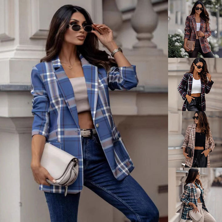Dame Ruteret Blazer med figursyet snit og elegant revers Stilla
