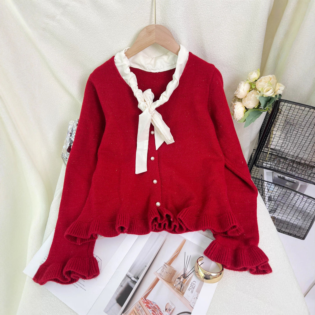 Damernes elegante cardigan med flæser og sløjfe krave Stilla