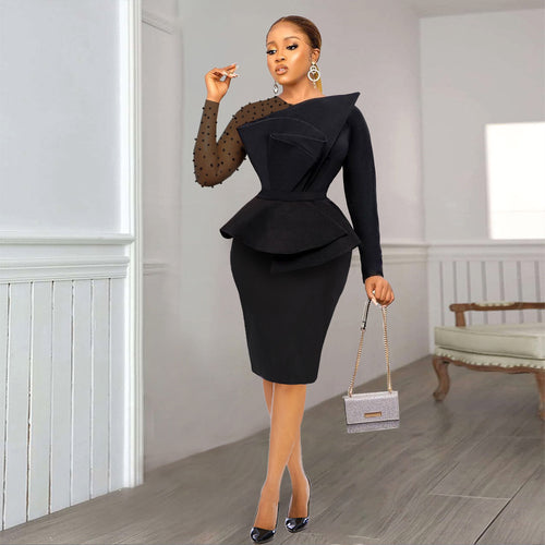 Dame Etuikjole med transparente puffærmer og dekorativt peplum Skovae