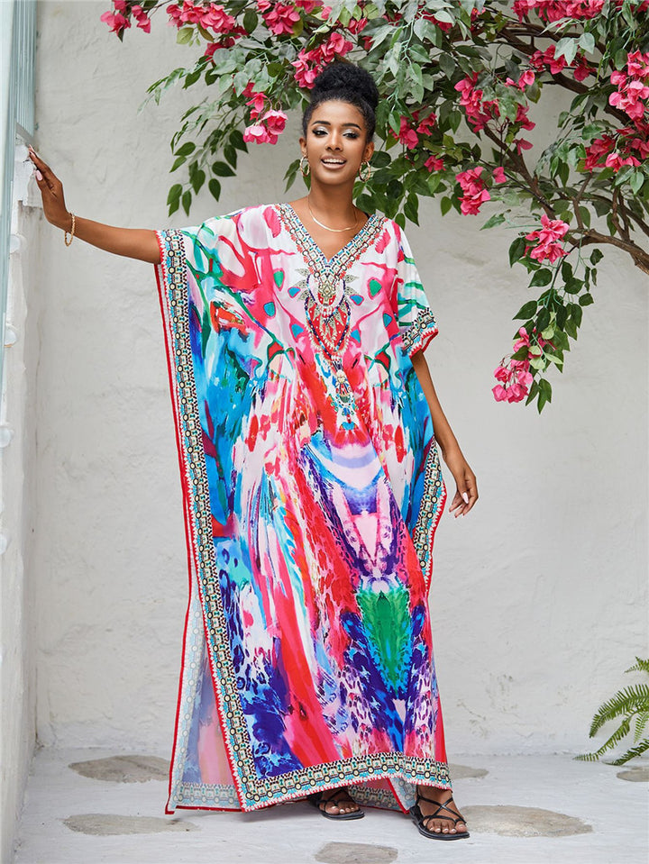 Dame Strandkaftan med kunstnerisk mønster og elegante dekorationer Stilla