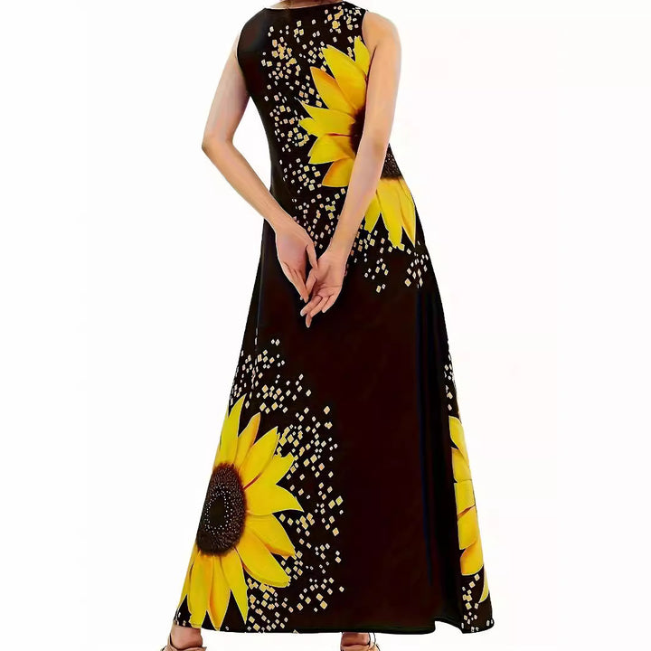 Dame maxikjole med blomsterprint og solsikke-design Stilla