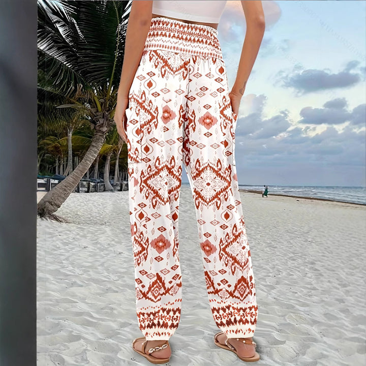 Dame elegant og komfortabel strandbukser med elastisk talje og farverigt paisley-mønster Stilla