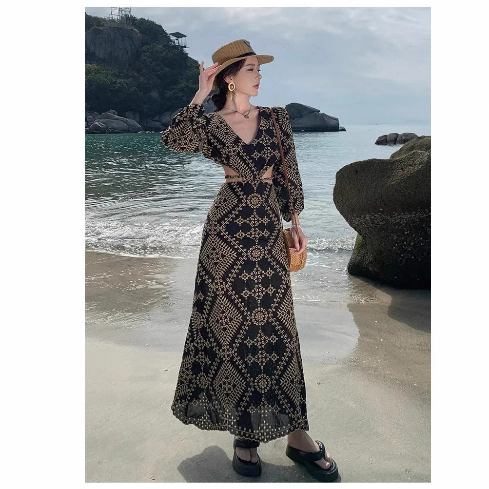 Femme Elegant Bohemian Maxi Kjole med Uddannelsesdetaljer Stilla