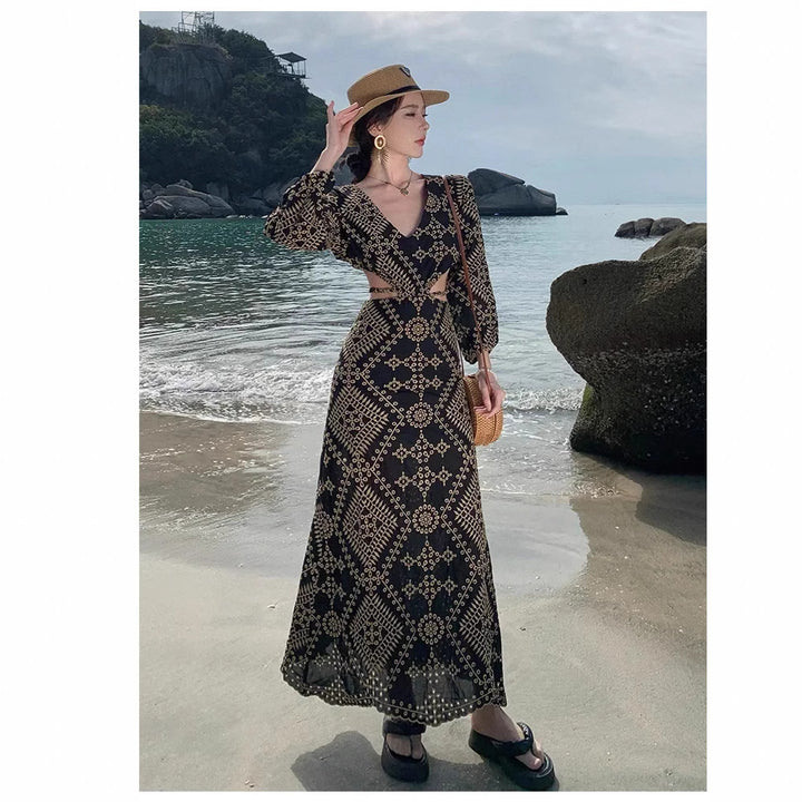 Femme Elegant Bohemian Maxi Kjole med Uddannelsesdetaljer Stilla