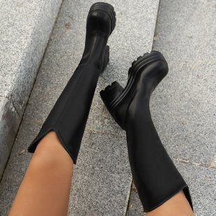 Dame overknæ støvler med trendy blokhæl og sidelommer lynlås Stilla