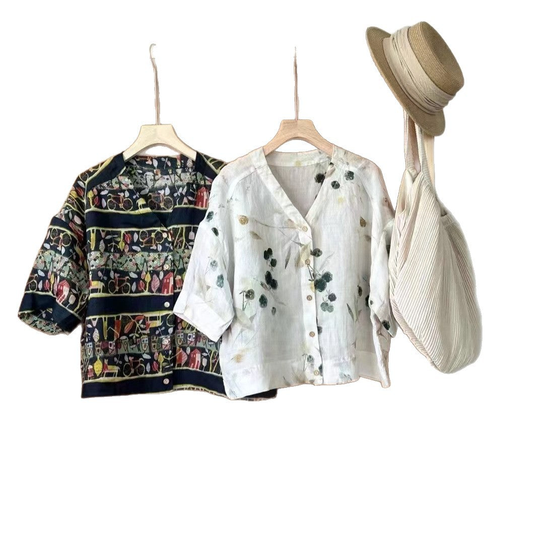 Femme Floral Print og Grafik Kortærmet Button-Up Skjorte Stilla