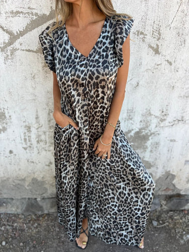 Dame Maxikjole med elegant V-udskæring og moderne leopardmønster Stilla