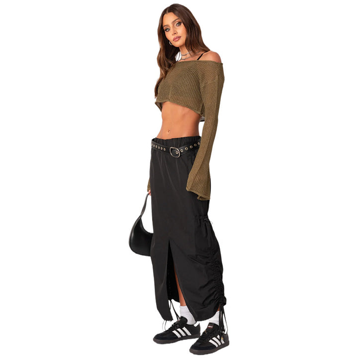 Dame Strik Crop Top og Shorts Sæt med Off-Shoulder Design Stilla