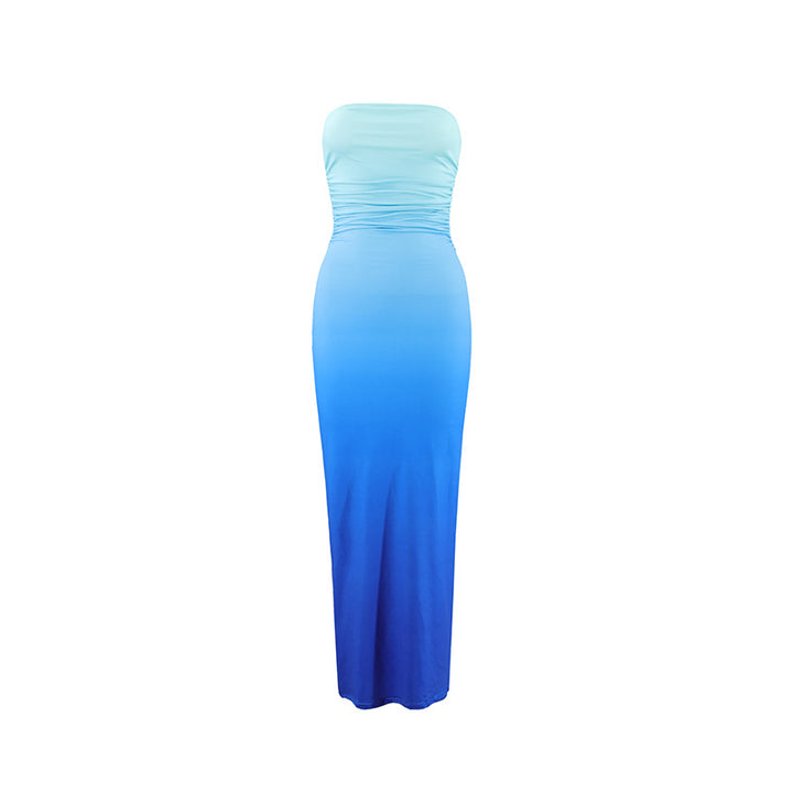 Dame elegant strapless maxikjole med farveovergang Skovae