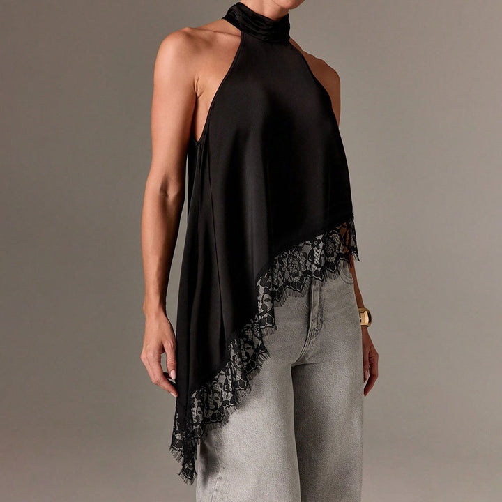 Dames elegant halterneck top med sofistikeret blonder trim Stilla