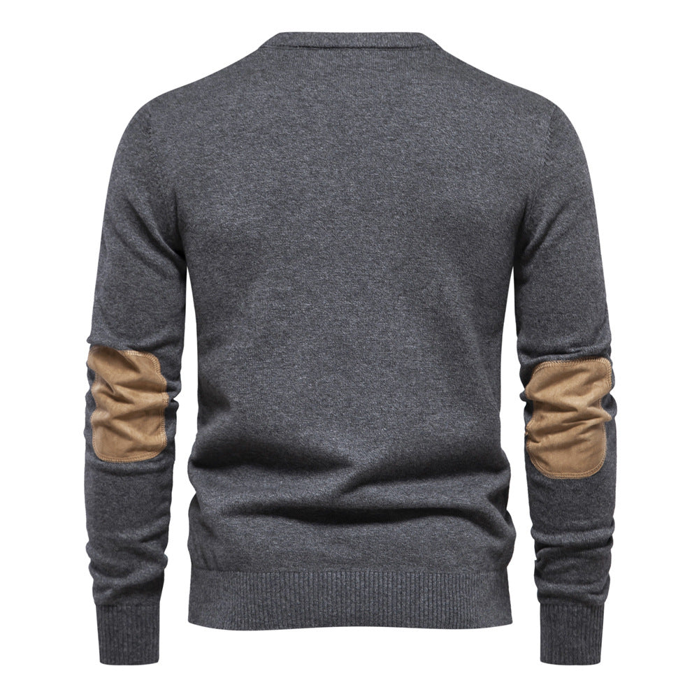 Herrer Rundhals Pullover lavet af fin bomuld med elegante albuepatches Stilla