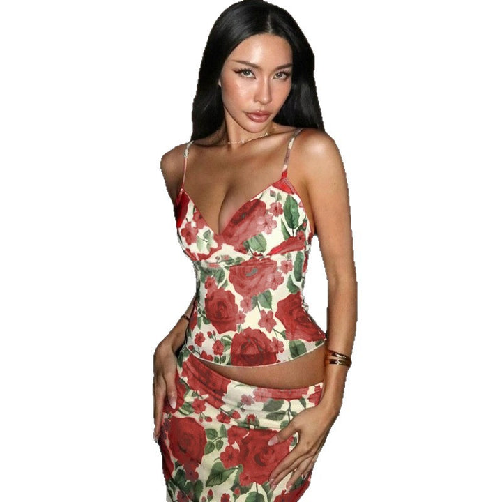 Dame Floral Print Spaghetti-Rem Zuitdeler Sæt Stilla