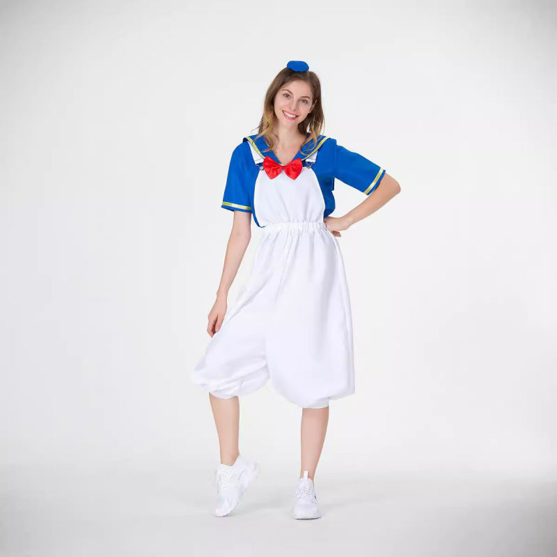 Dame kostume sæt i maritim stil med kaptajnhat og store overalls Stilla