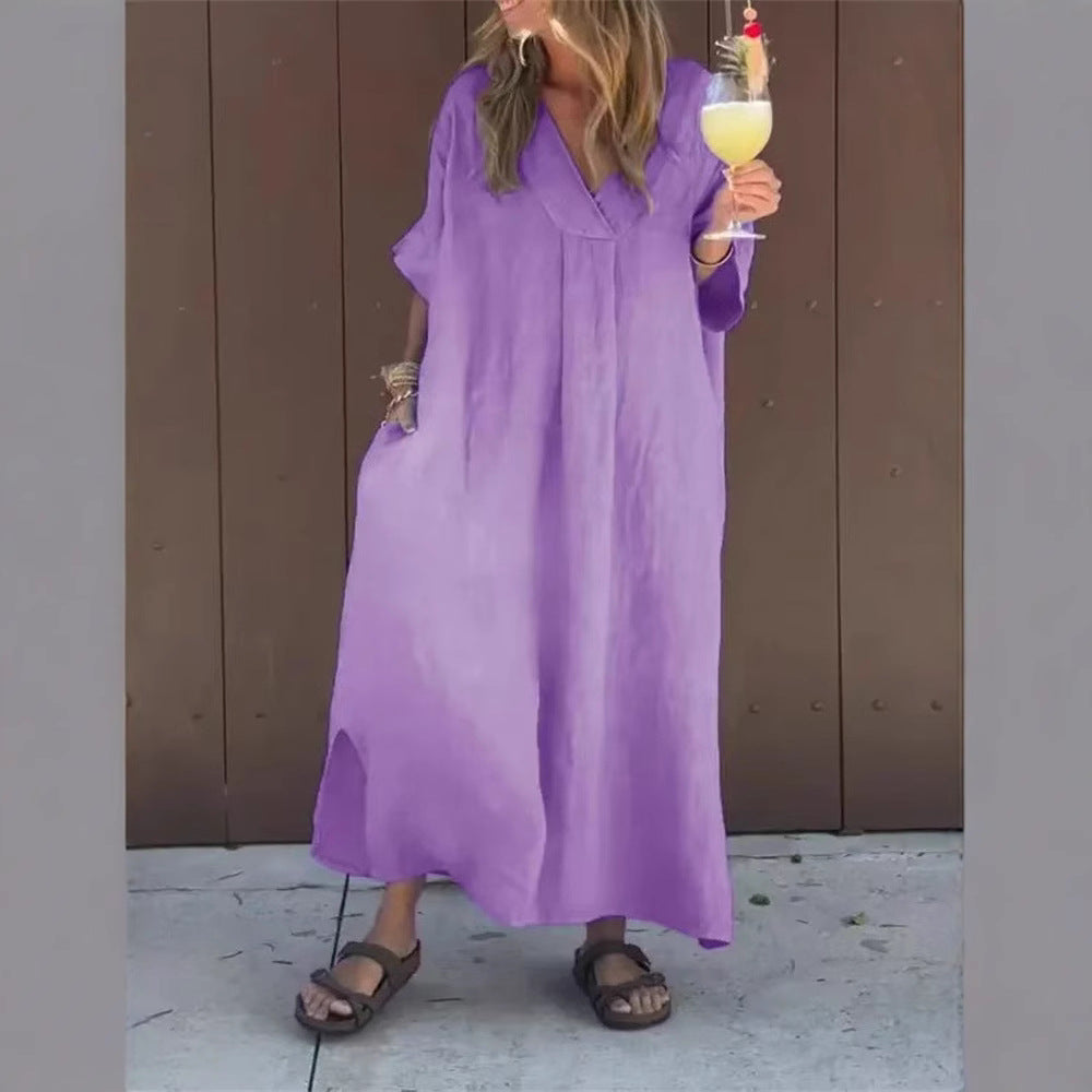 Dame maxikjole med løs pasform og elegant V-udskæring Stilla