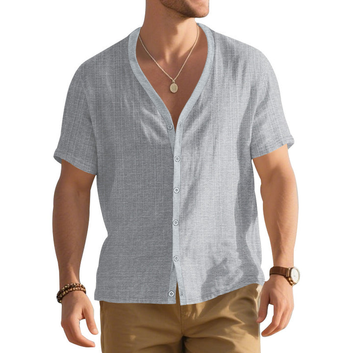 Herrer Kortsleeve Henley Skjorte med moderigtigt V-udskæring og struktureret design Stilla