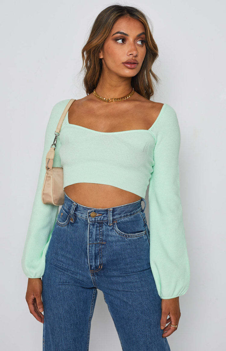 Dame afslappet Crop-Top med brede ærmer og ribstruktur Skovae
