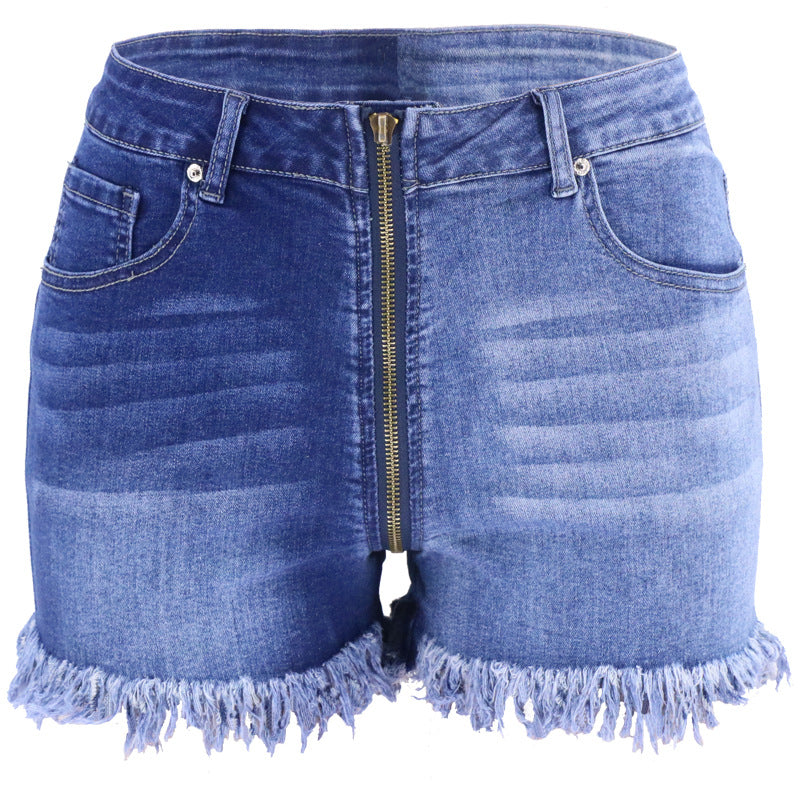 Dame Jeans-shorts med frynset kant og asymmetrisk lynlås Stilla