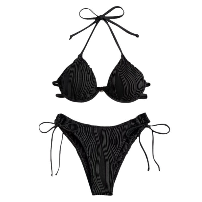 Dame Triangel-Bikini i struktureret rib-look med sidelærrebånd Stilla