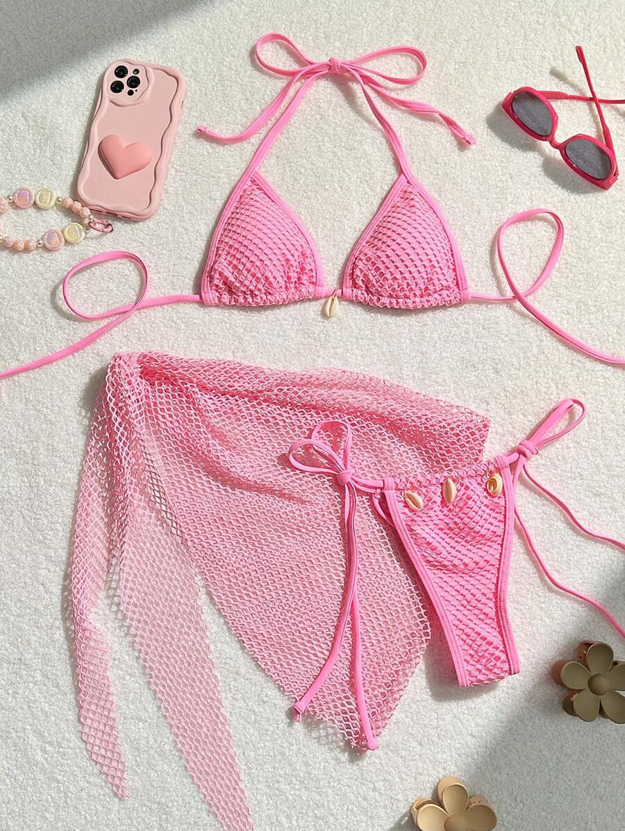 Dame net-bikini-sæt med justerbare stropper og musling-applikationer Stilla