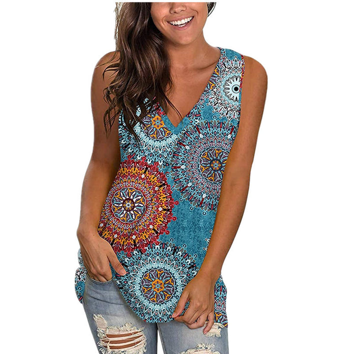 Dame V-hals tanktop med farverigt mandala-mønster Stilla