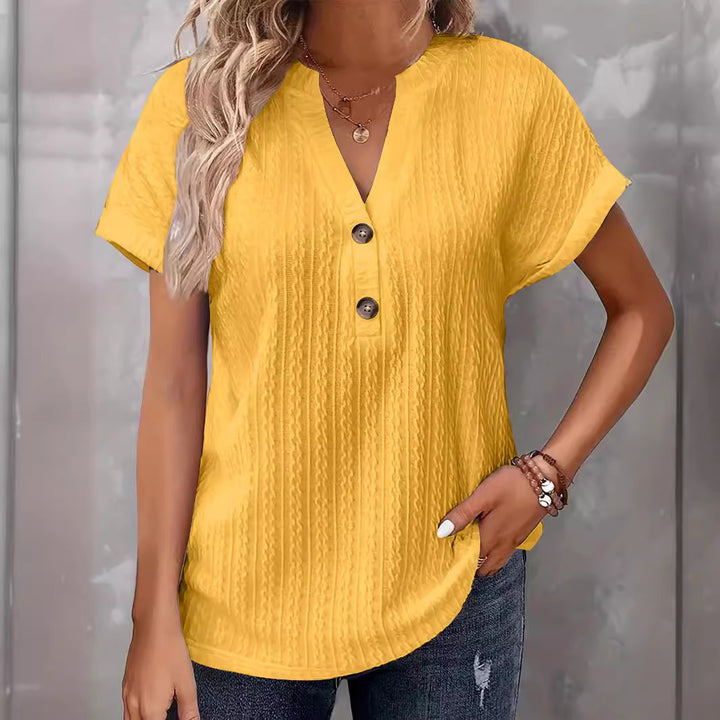 Dame Trendy Kortærmet Bluse med Knapdetaljer og Struktureret Mønster Stilla