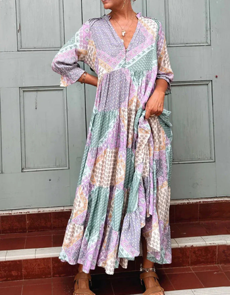 Dame Maxikjole med kunstnerisk patchwork-design Stilla