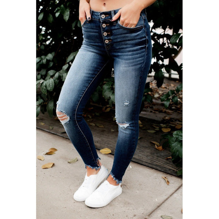 Femme Høj siddende revet Skinny Jeans med knap-liste Stilla