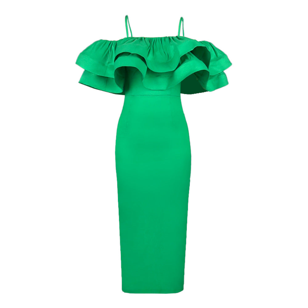 Dame elegant satin kjole med voluminøs flæser fald Skovae