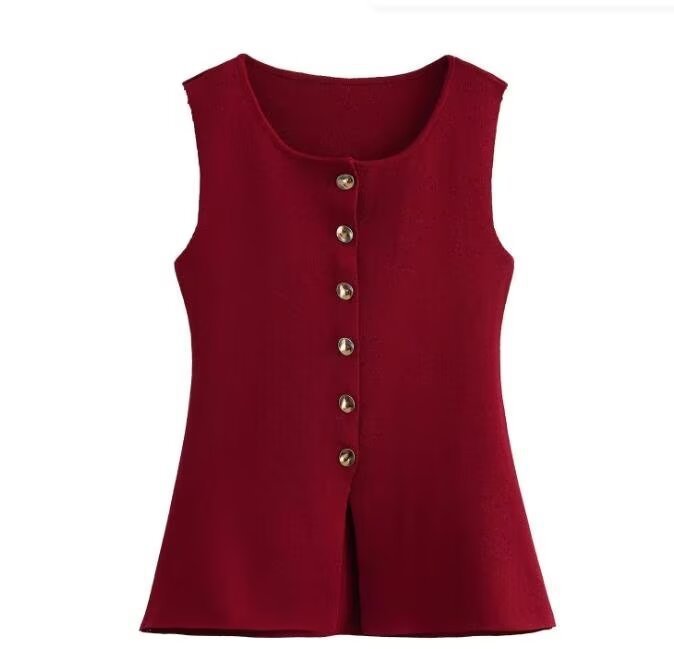 Femme Ribbet Strik Knap-Op Tank Top Stilla