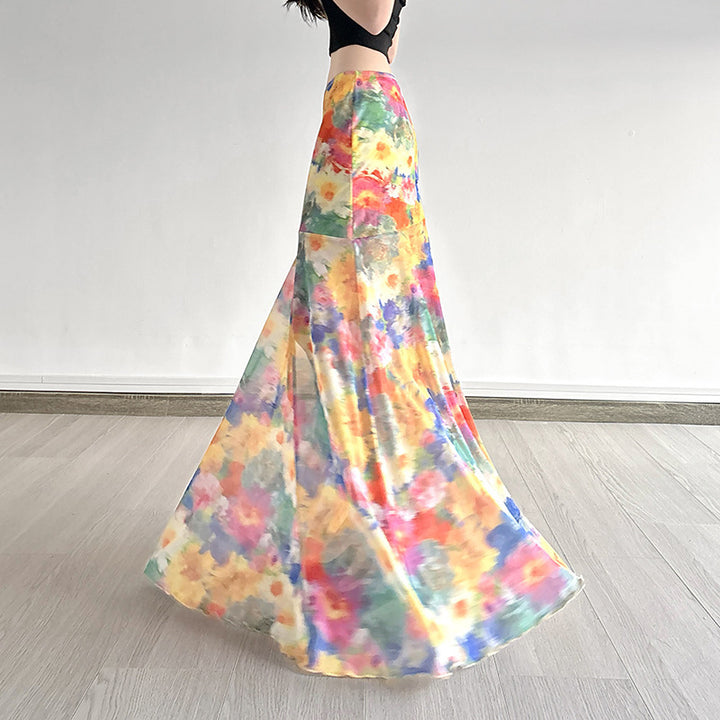 Dame Maxi-nederdel med floralt chiffon-design og svajende kant Skovae